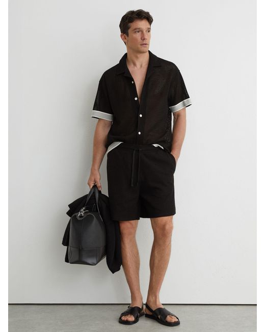 Reiss Black Cotton-Blend Side-Tape Crochet Shorts for men