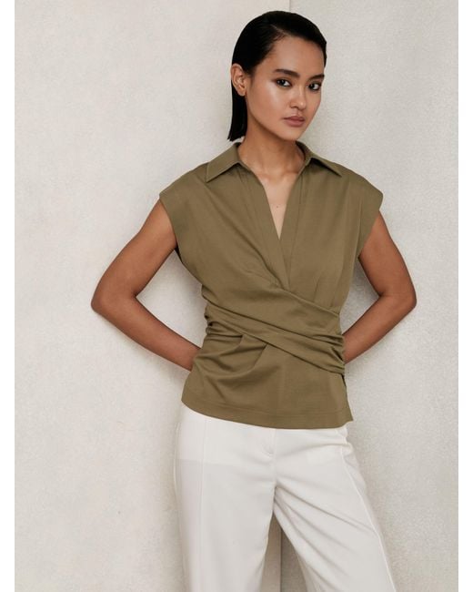 Reiss Brown Stretch-Cotton Wrap-Front Collar Top