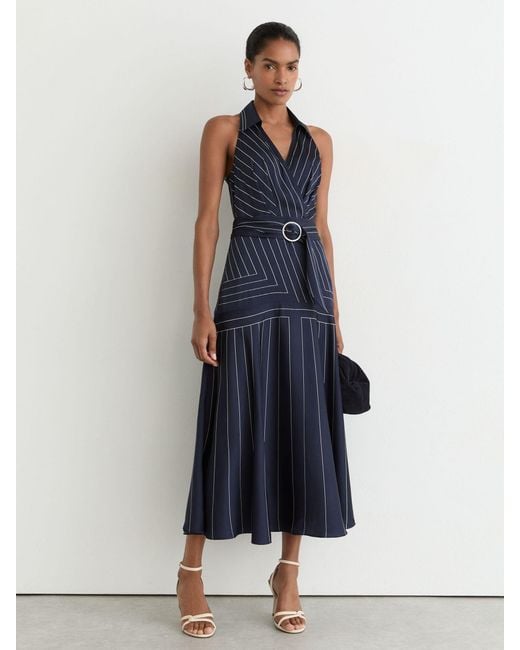 Reiss Blue Striped Sleeveless Collared Midi Dress