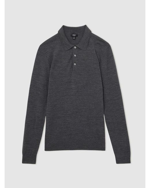 Reiss Gray Derby Marl Merino Wool Long-Sleeve Polo Shirt for men