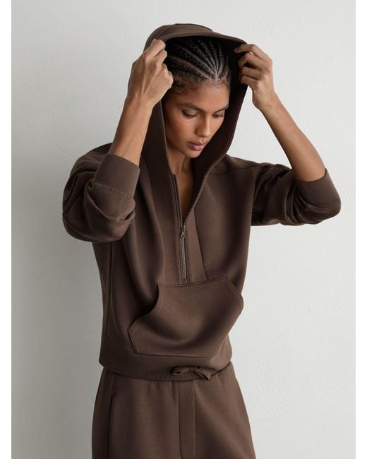 Reiss Lockie - Mocha Brown Premium Interlock Half-zip Hoodie, Xs (us 2)