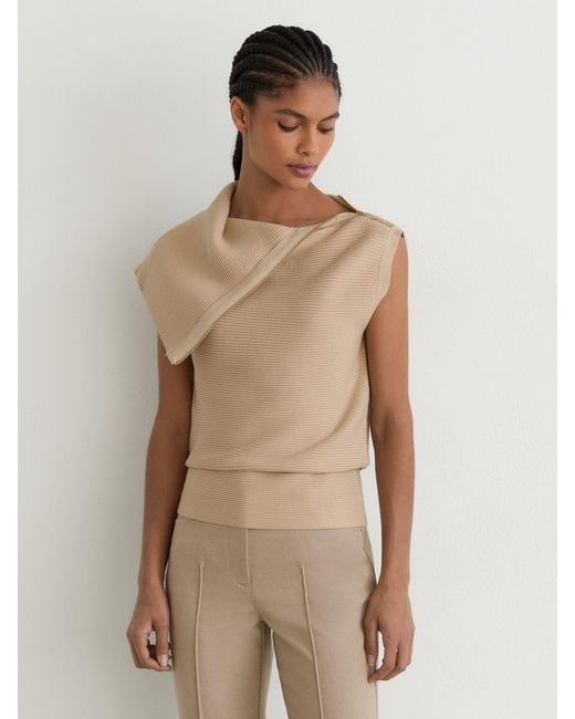 Reiss Brown Asymmetric Zip-Neck Rib-Knit Vest