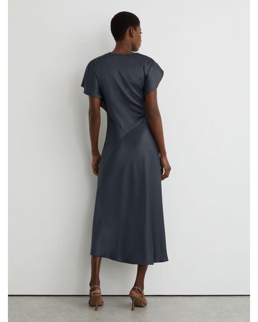 Reiss Blue Sasha - Slate Grey Satin Drape-detail Midi Dress, Us 6