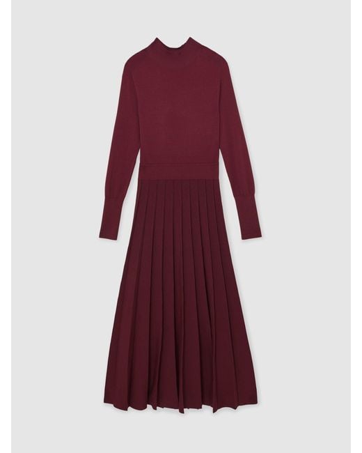 Reiss Red Petite Belted Knit Pleated Midi Dress