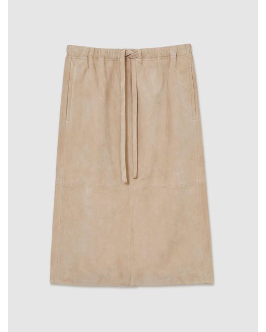 Reiss Natural Meagan - Neutral Suede Drawstring Midi Skirt, Us 8