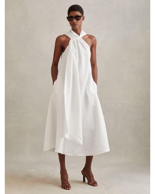 Reiss Natural Linen Blend Drape Midi Dress