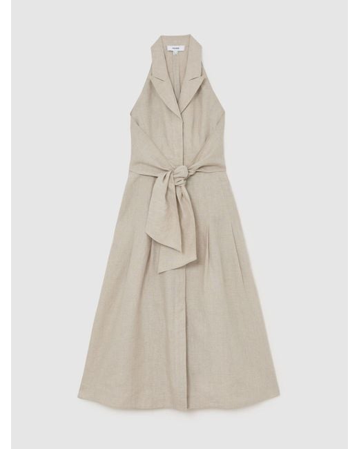 Reiss Natural Tara - Neutral Petite Linen Tie-waist Tailored Midi Dress, Us 12