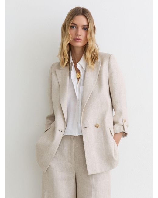 Reiss Natural Linen-Blend Textured Double-Breasted Blazer