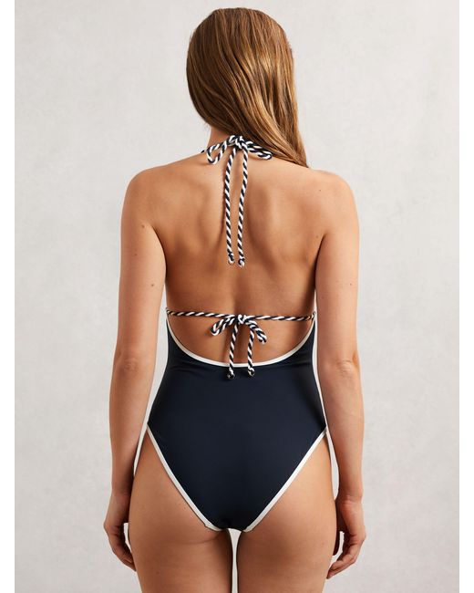 Reiss Blue Contrast-Trim Plunge-Neck Swimsuit
