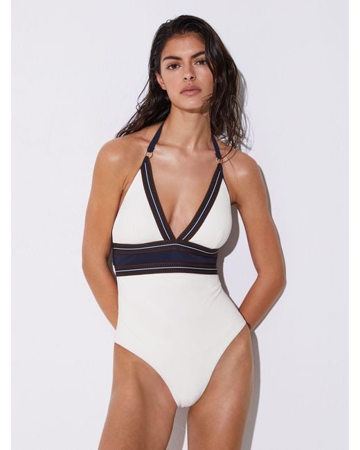 Reiss White Giana - Ivory/navy Colour-block Halterneck Swimsuit, Us 2