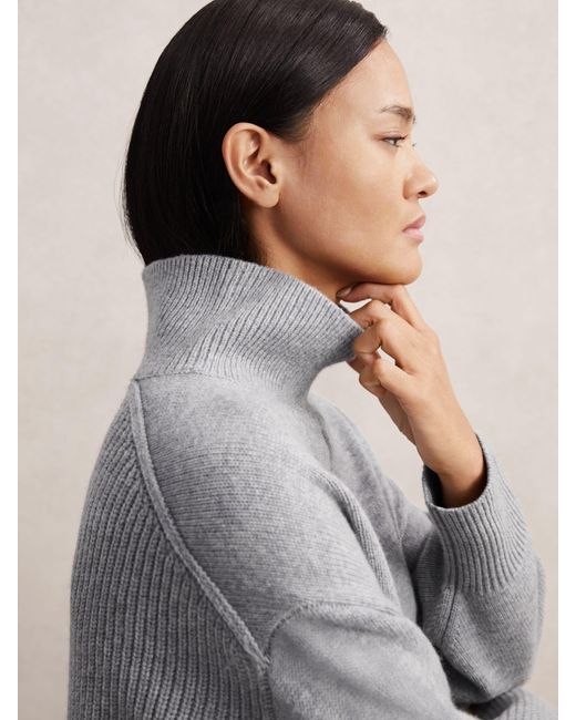 Reiss Gray Wool Zip-Detail Funnel-Neck Jumper
