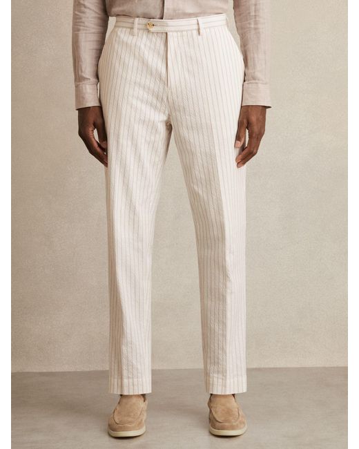 Reiss Natural Off & Taupe Regular-Fit Cotton-Blend Pinstripe Trousers for men