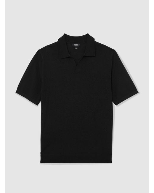 Reiss Black Merino Wool Open Collar Polo Shirt for men