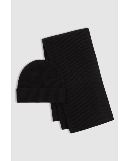 Reiss Chesterfield Black Merino Wool Ribbed Scarf And Beanie Set, for