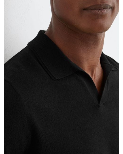 Reiss Black Merino Wool Open Collar Polo Shirt for men