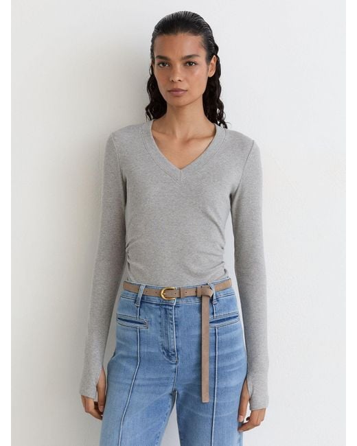 Reiss White Cotton-Stretch V-Neck Ruched Top