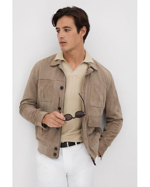 Reiss Natural Mickey - Stone Textured Modal Blend Open Collar Shirt, L for men