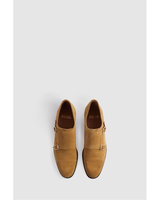 Reiss Brown Amalfi - Stone Suede Double Monk Strap Shoes for men