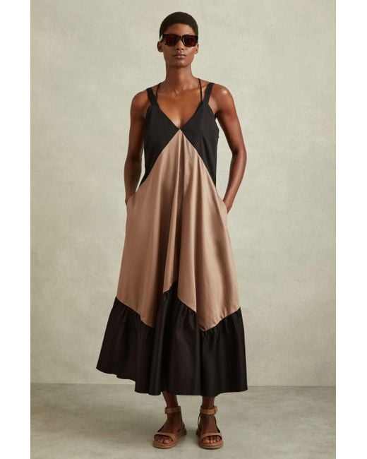 Reiss Natural Natalie - Brown/black Cotton Colourblock Flounced Midi Dress