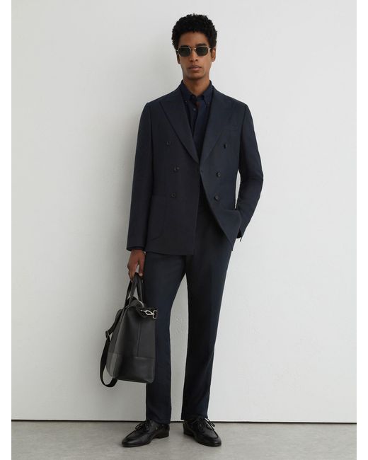 Reiss Blue Tailored Fit Linen Double-Breasted Suit Blazer for men