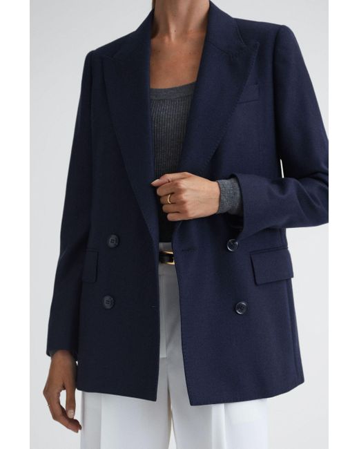 Reiss Blue Lorena - Navy Wool Flannel Double Breasted Blazer