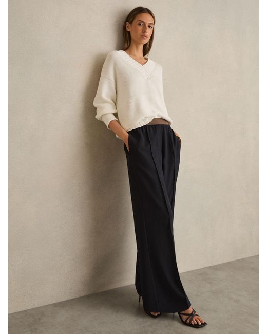 Reiss Natural Wilde - Navy Wide-leg Elasticated-waist Trousers, Us 0 R