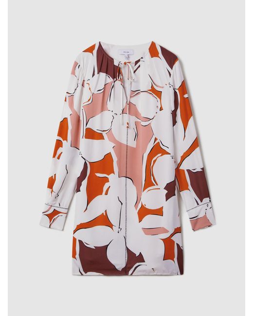 Reiss Tanya - Cream/red Printed Tie Neck Mini Dress, Us 6