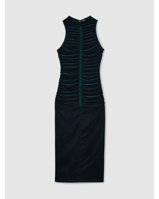 Reiss Blue Niva - Teal Racer-front Ruched-velvet Dress, Us 0