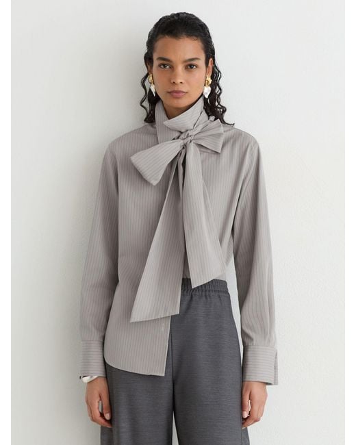 Reiss Gray Cotton Striped Tie-Neck Shirt