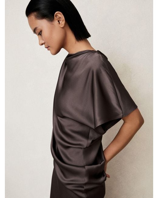 Reiss Purple Kenzie Satin Asymmetric Draped Midi Dress