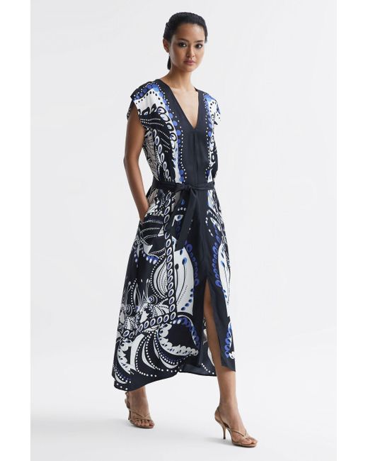 Reiss Blue Freja Abstract-print Woven Midi Dress