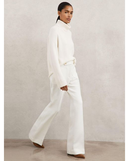 Reiss Natural Twill Button-Tab Flared Trousers With Wool