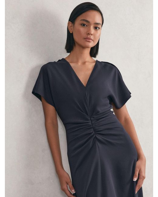 Reiss Blue Ruched-Front Midi Dress