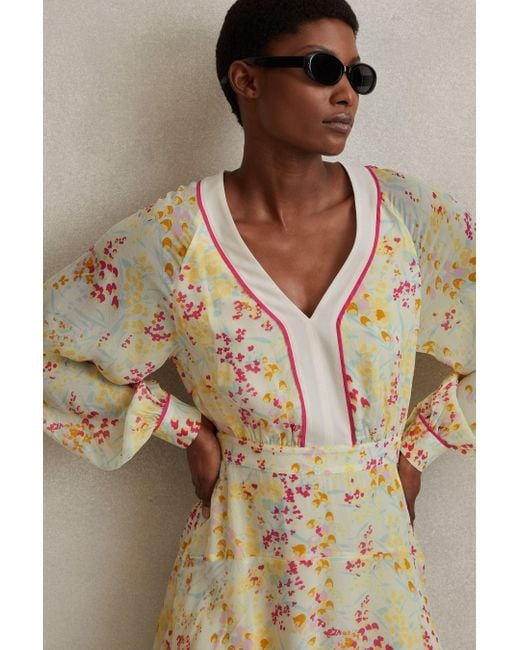 Reiss Natural Molly - Pink/yellow Floral Print Puff Sleeve Mini Dress