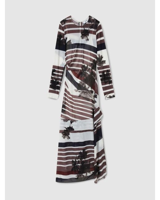 Reiss Natural Burgundy & Abstract Print Ruched Dress