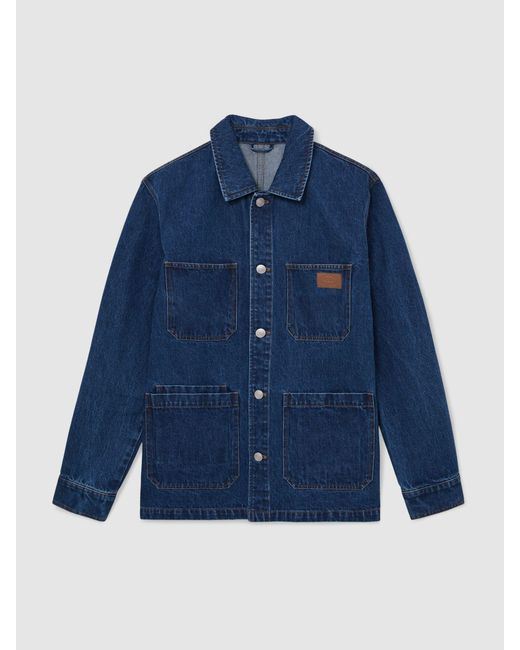 Reiss Blue Monogram-Patch Relaxed Denim Overshirt for men