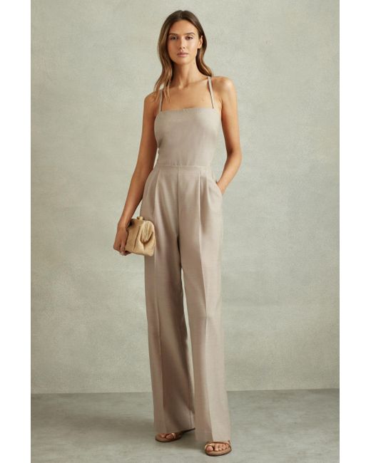 Reiss Natural Sarai - Neutral Wool Tailored Strappy Jumpsuit
