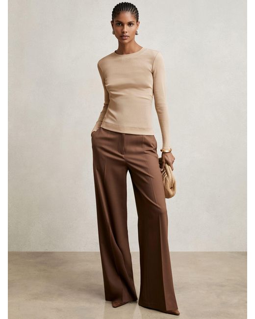 Reiss Natural Tessa Cotton Long-Sleeve Ruched T-Shirt With Stretch