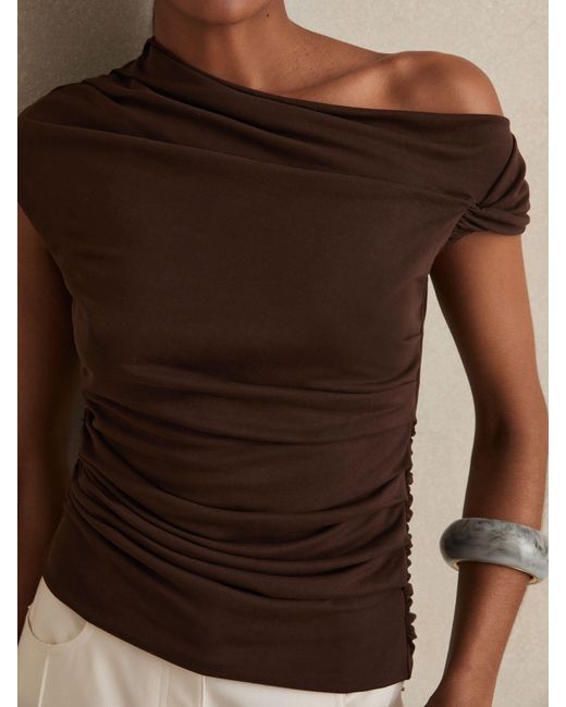 Reiss Brown Blend Ruched Off-Shoulder Top