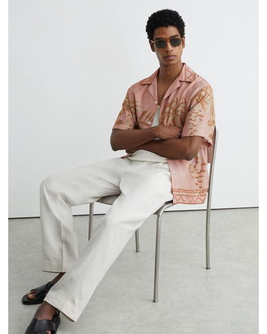 Reiss White Camino Palm-Print Cuban-Collar Shirt for men