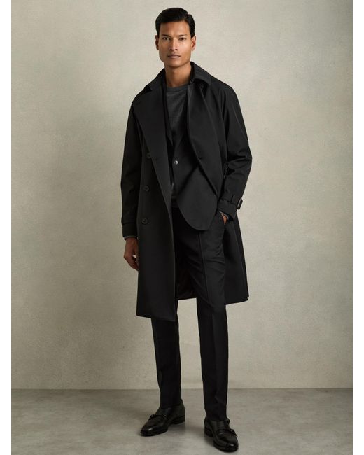 Reiss Blue Scramble - Black Double Breasted Long Trench Coat, S for men