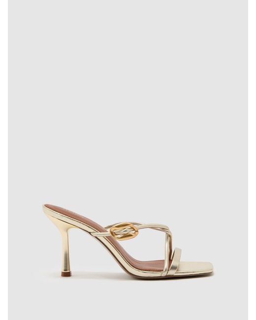 Reiss Natural Alex - Gold Leather Metallic Detail Heeled Sandals, Us 8 (uk 6)