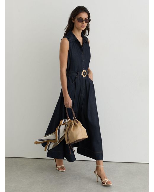 Reiss Remi - Indigo Blue Button-front Belted Denim Midi Dress, Us 2