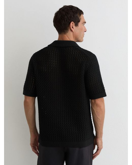 Reiss Black Crochet Open-Collar Polo Shirt for men