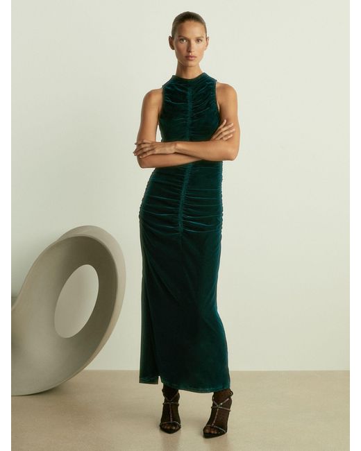 Reiss Blue Niva - Teal Racer-front Ruched-velvet Dress, Us 0
