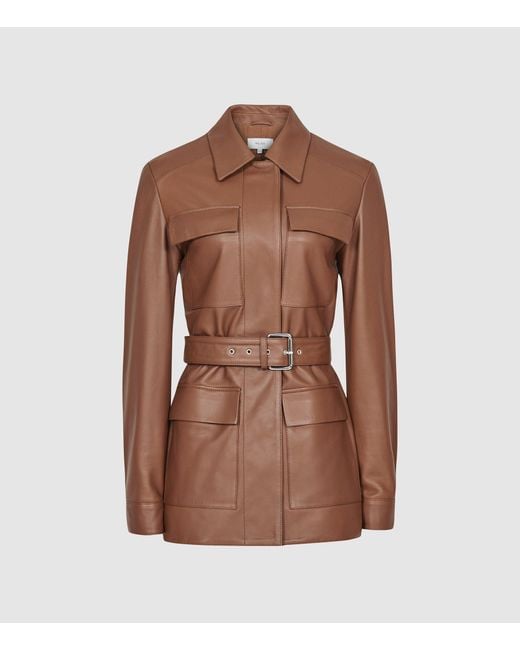Reiss Wynee Leather Belted Jacket in Brown Lyst