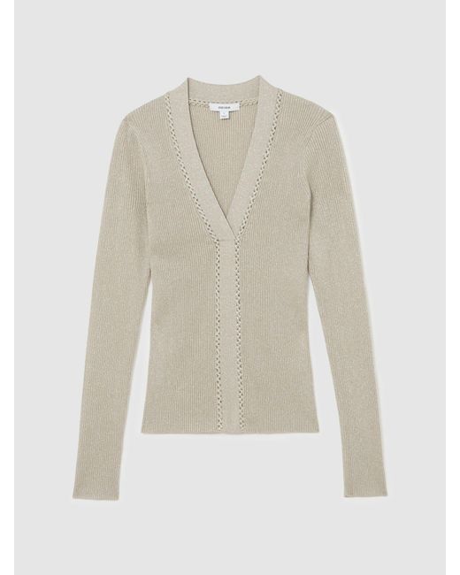 Reiss Natural Metallic Craft-Stitch Rib-Knit Top