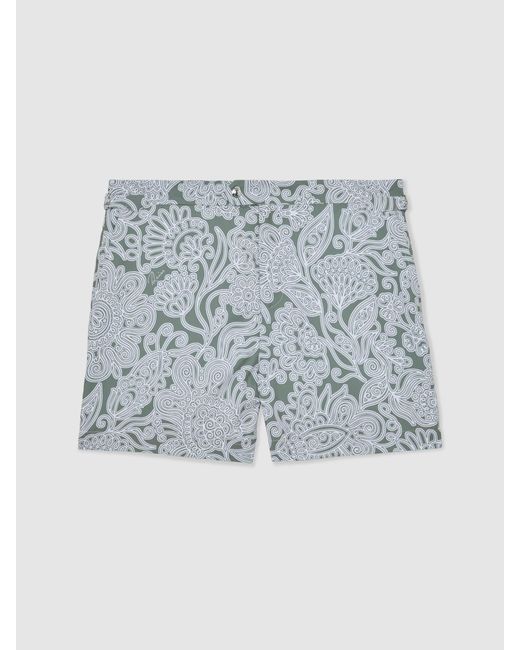 Reiss White Fallow - Sage Green Paisley-print Side-adjuster Swim Shorts, Xxl for men