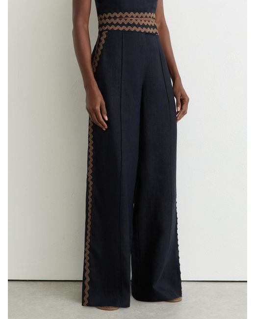 Reiss Black Linen Wave-Trim Wide-Leg Trousers