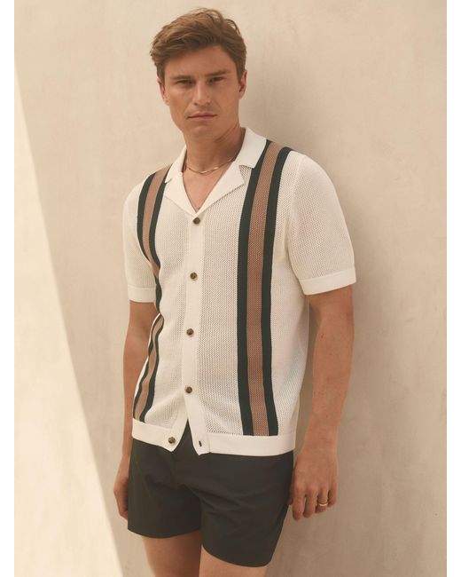 Reiss Natural Danube - White/dark Green Ché Knitted Contrast Stripe Cuban Collar Shirt, S for men